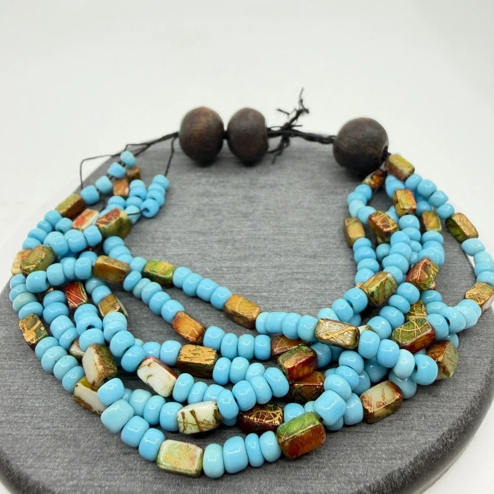 Turquoise & Gold Tone Blue Multi Strand Bead Bracelet Foil Statement Jewelry